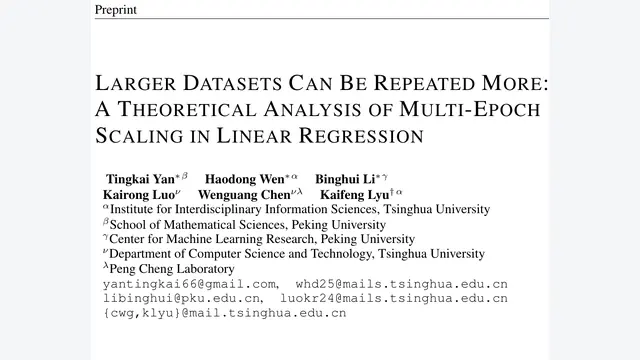 Larger Datasets Can Be Repeated More: A Theoretical Analysis of Multi-Epoch Scaling in Linear Regression