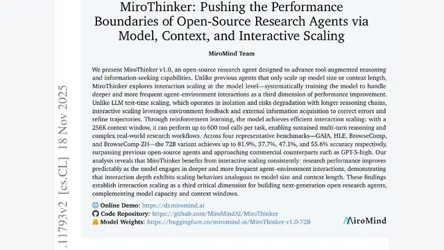 MiroThinker: Pushing the Performance Boundaries of Open-Source Research Agents via Model, Context, and Interactive Scaling