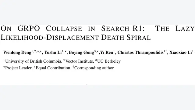 On GRPO Collapse in Search-R1: The Lazy Likelihood-Displacement Death Spiral