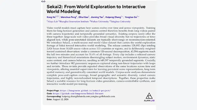 从被动视频生成到交互式世界模型：Sekai2开源2826小时带轨迹全景数据集