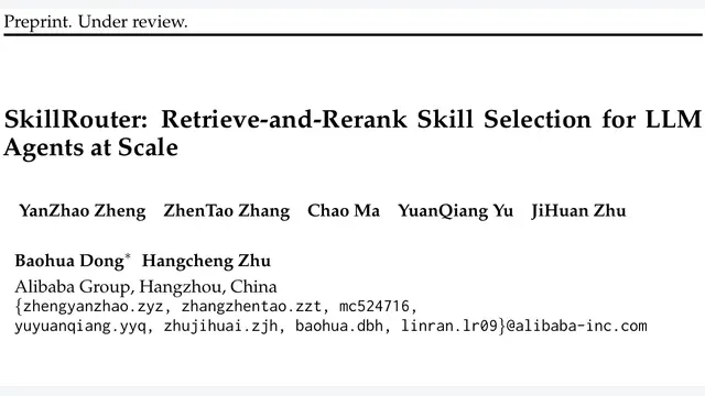 SkillRouter: Retrieve-and-Rerank Skill Selection for LLM Agents at Scale