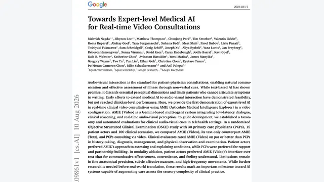 DeepMind推出AMIE视频版：临床问诊得分83%超越人类医生