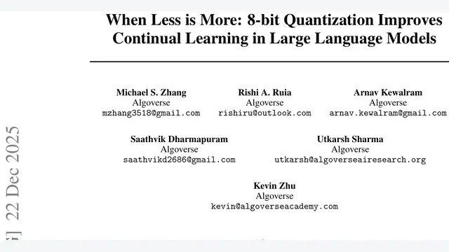 When Less is More: 8-bit Quantization Improves Continual Learning in Large Language Models