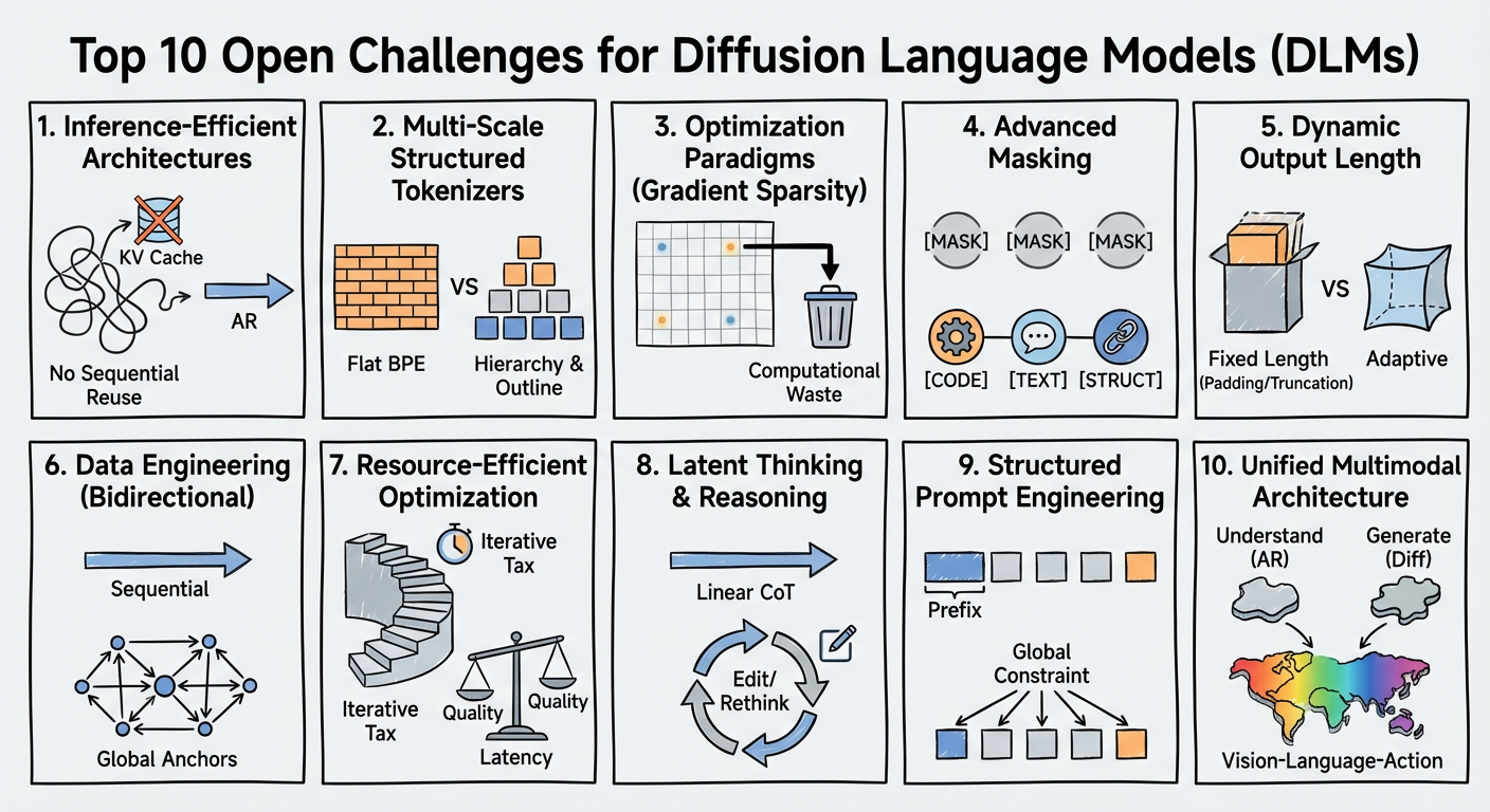 Top 10 Open Challenges Steering the Future of Diffusion Language Model and Its Variants 论文图示