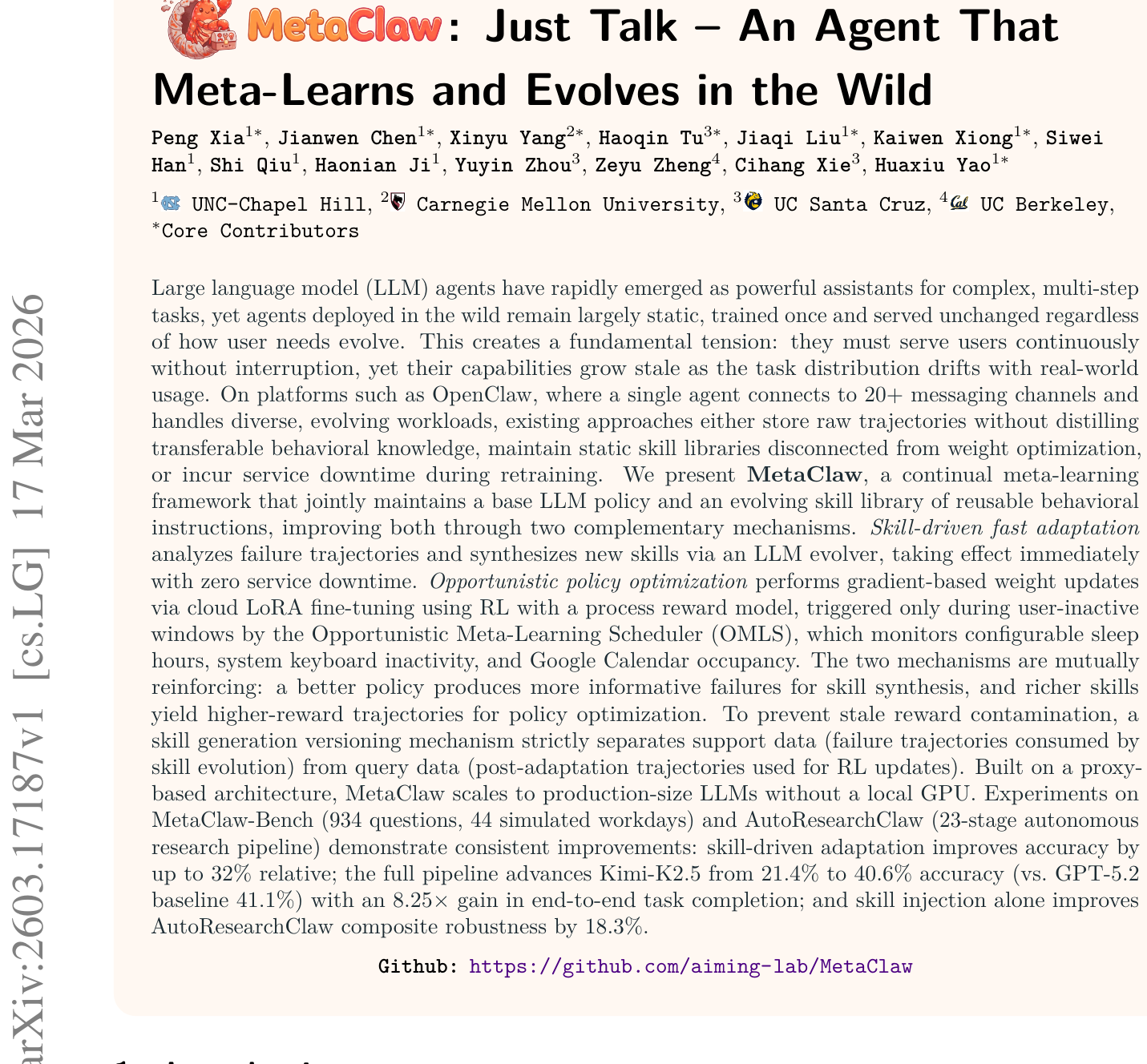 MetaClaw：AI Agent的在职进化论，准确率从21.4%飙升至40.6% 图示