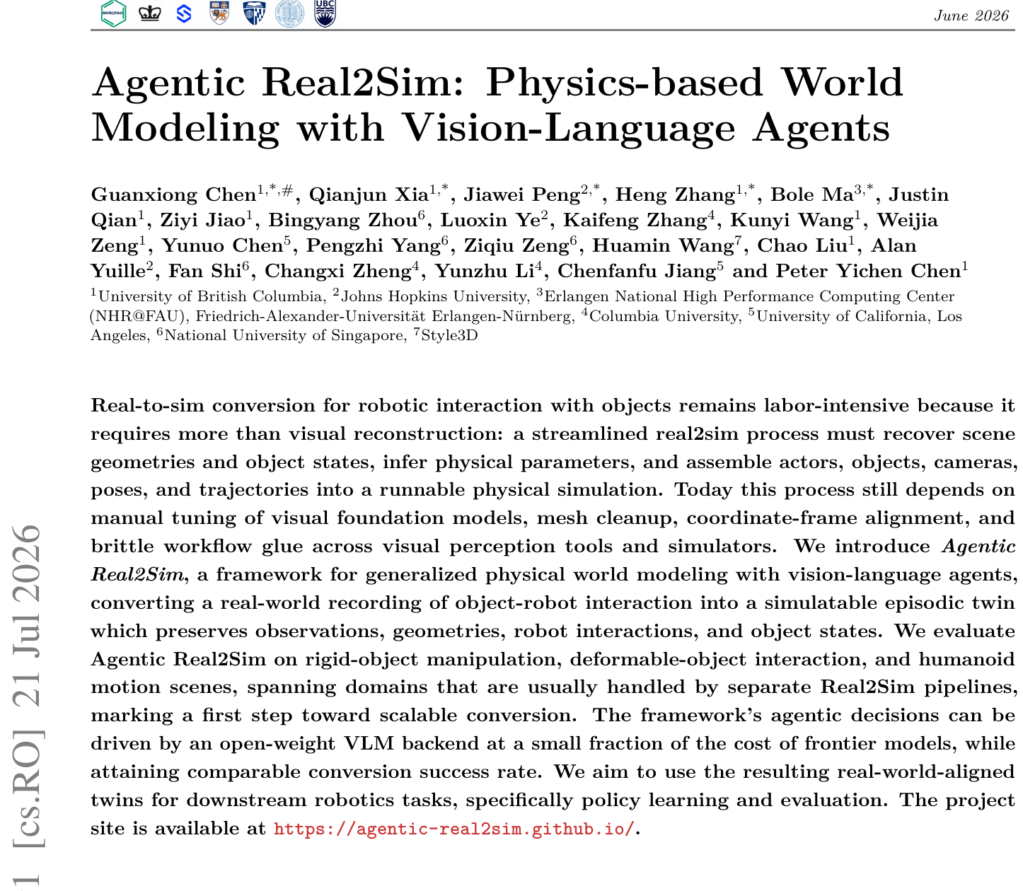 Agentic Real2Sim：开箱即用的物理数字孪生与低成本模型验证 论文图示