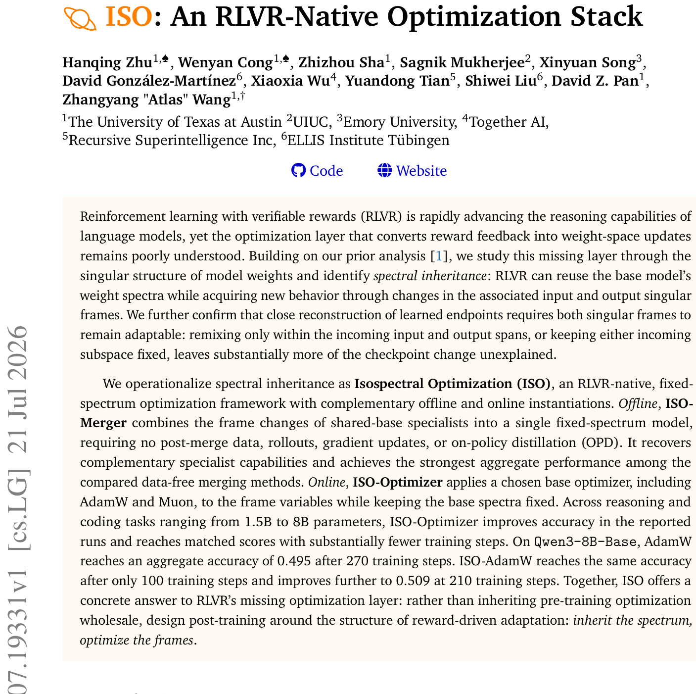 ISO：继承奇异谱只优化框架，RLVR步数缩减2.7倍且性能反超 论文图示