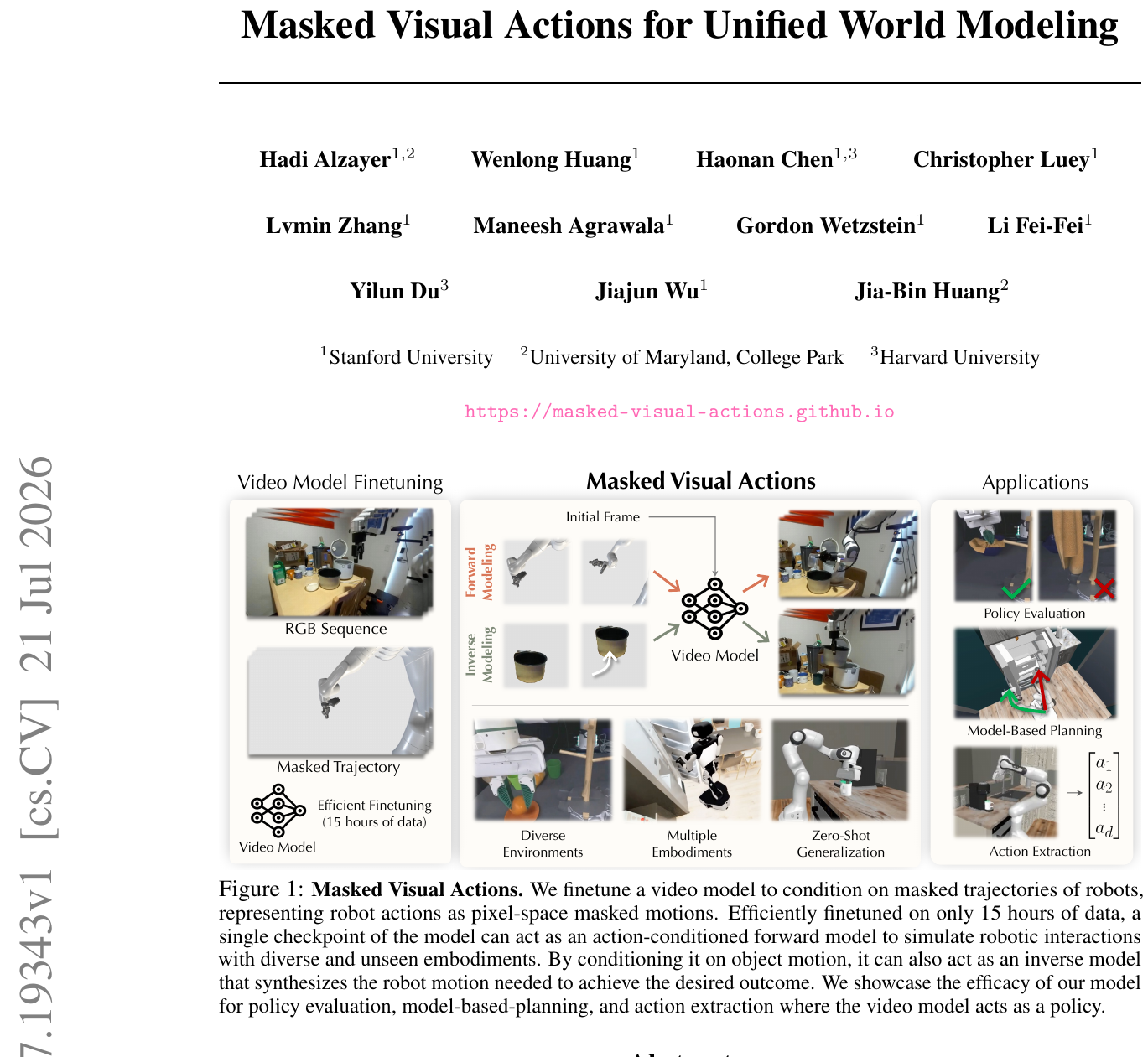 Masked Visual Actions：哈佛斯坦福将动作变像素掩码，15小时数据统一正反向世界模型 论文图示