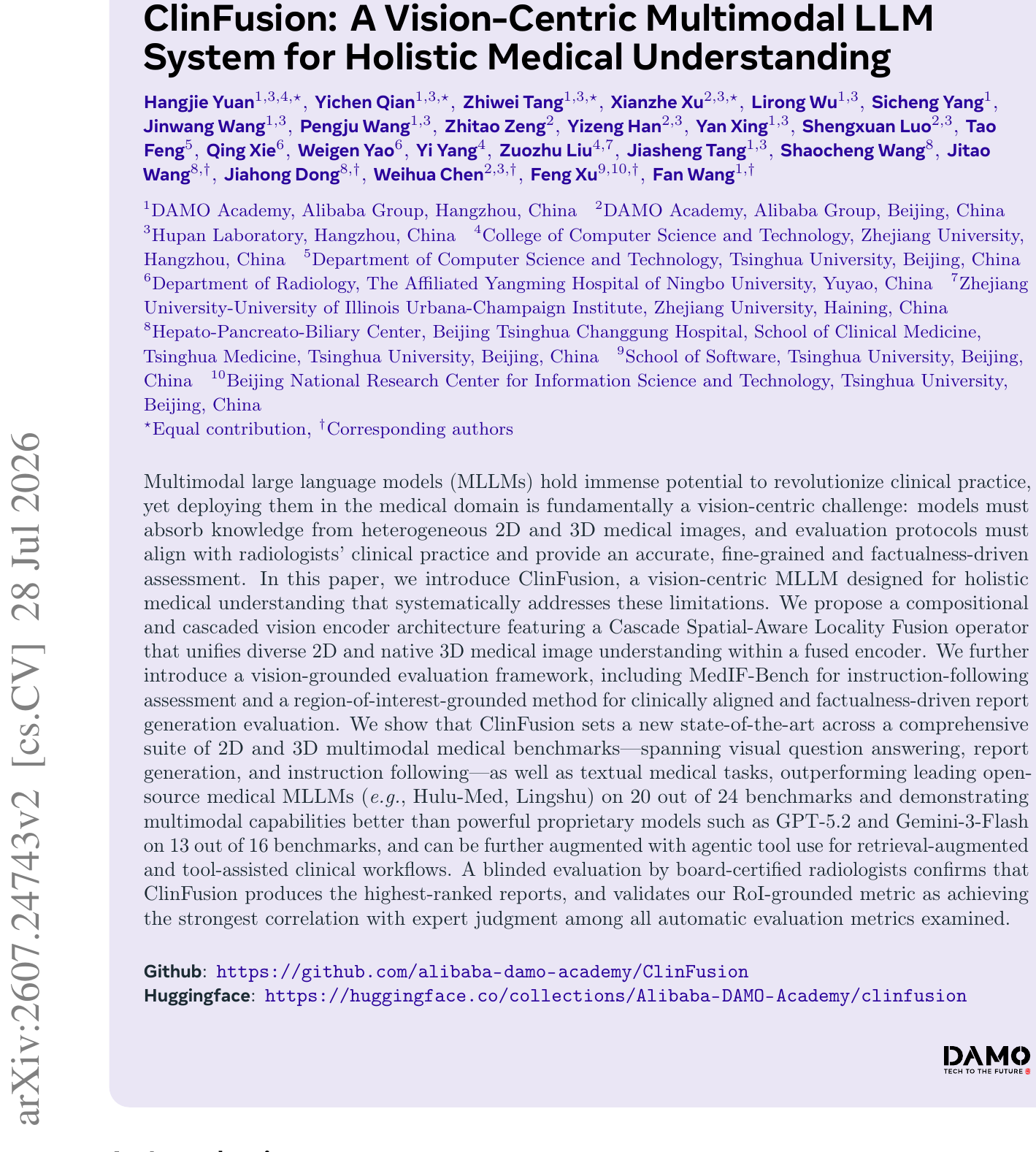 ClinFusion：级联空间感知融合+原生3D编码，登顶20项医学基准 论文图示