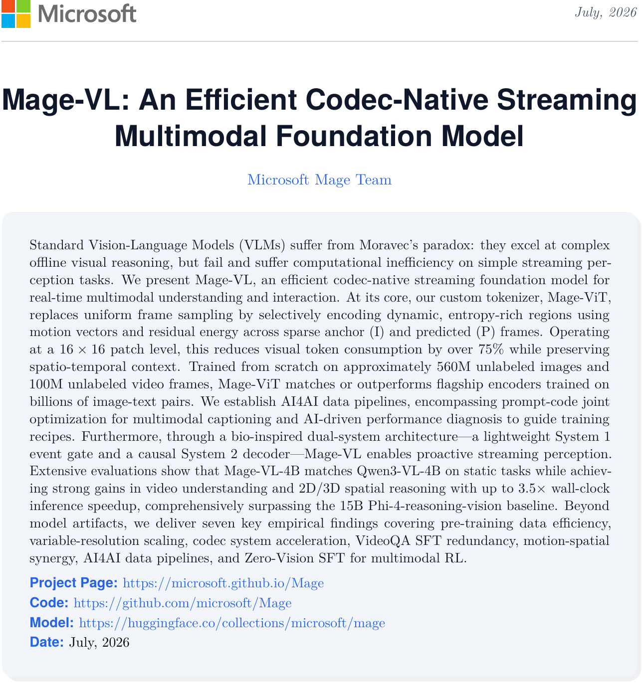 微软 Mage-VL:原生编解码削减75%Token,4B推理提速3.5倍 论文图示