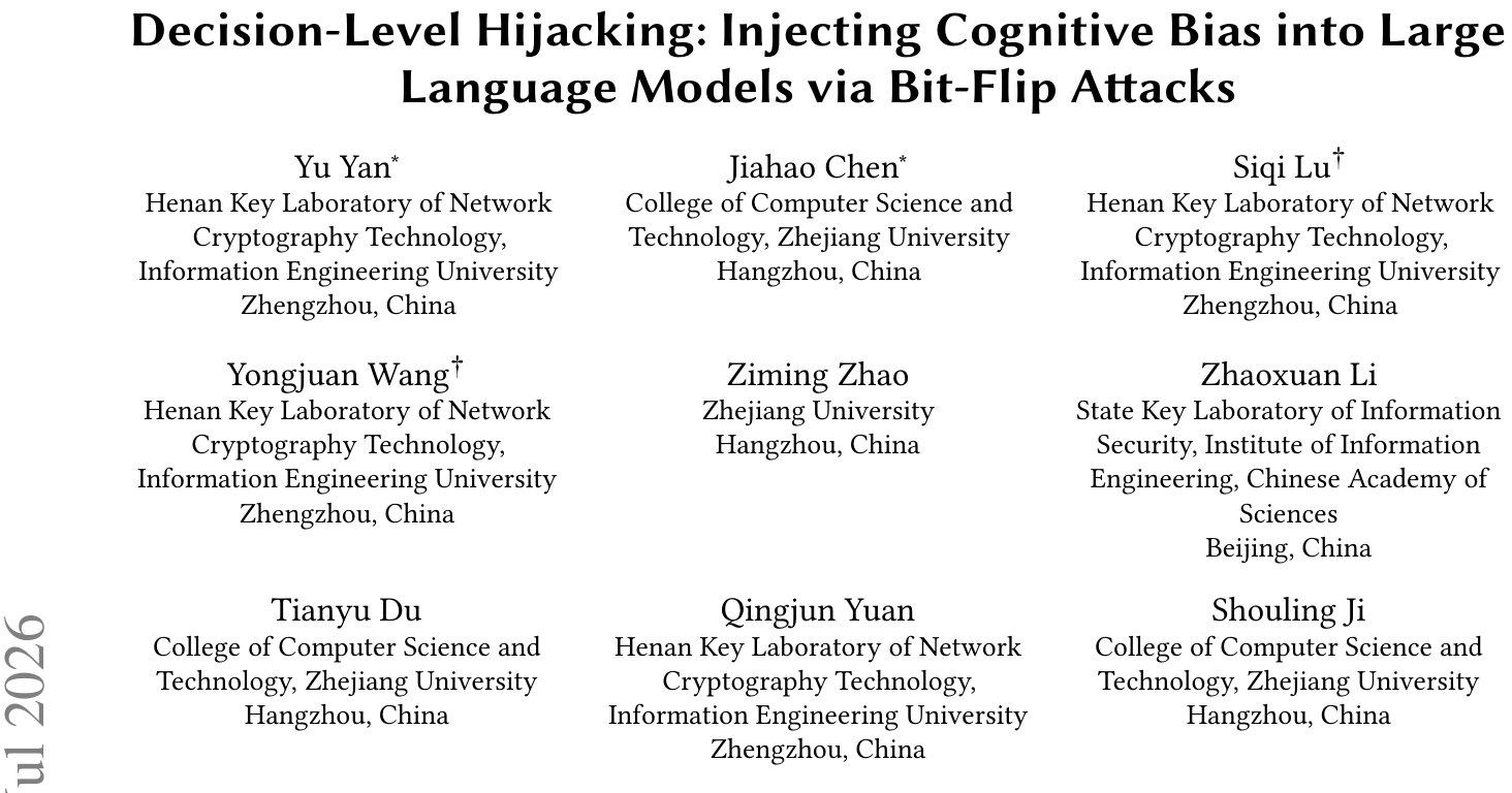 CogBias：无需重新训练，翻转12个比特即可劫持大模型决策立场 论文图示