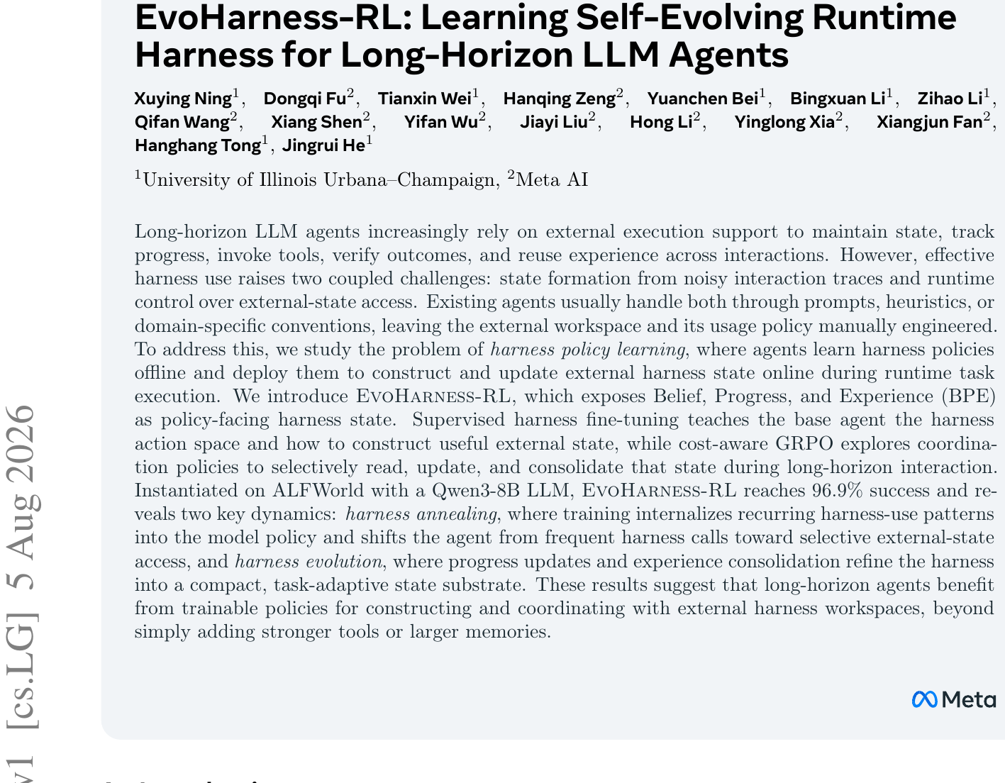 EvoHarness-RL：自主调度外部支架，8B模型成功率达96.9% 论文图示