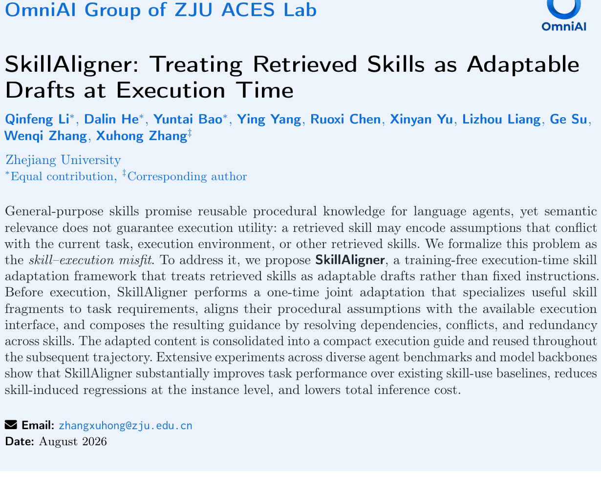 浙大SkillAligner：把检索技能当草稿，破解Agent失配且降本38% 论文图示