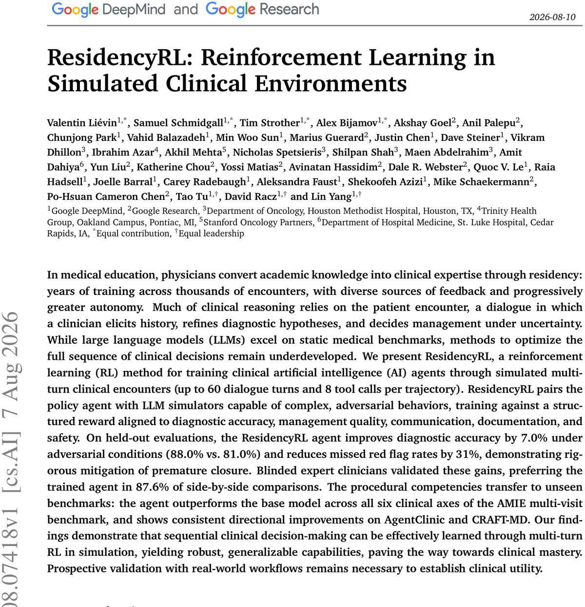 Google DeepMind提出ResidencyRL：多轮RL训练临床AI，遗漏风险降低31% 论文图示