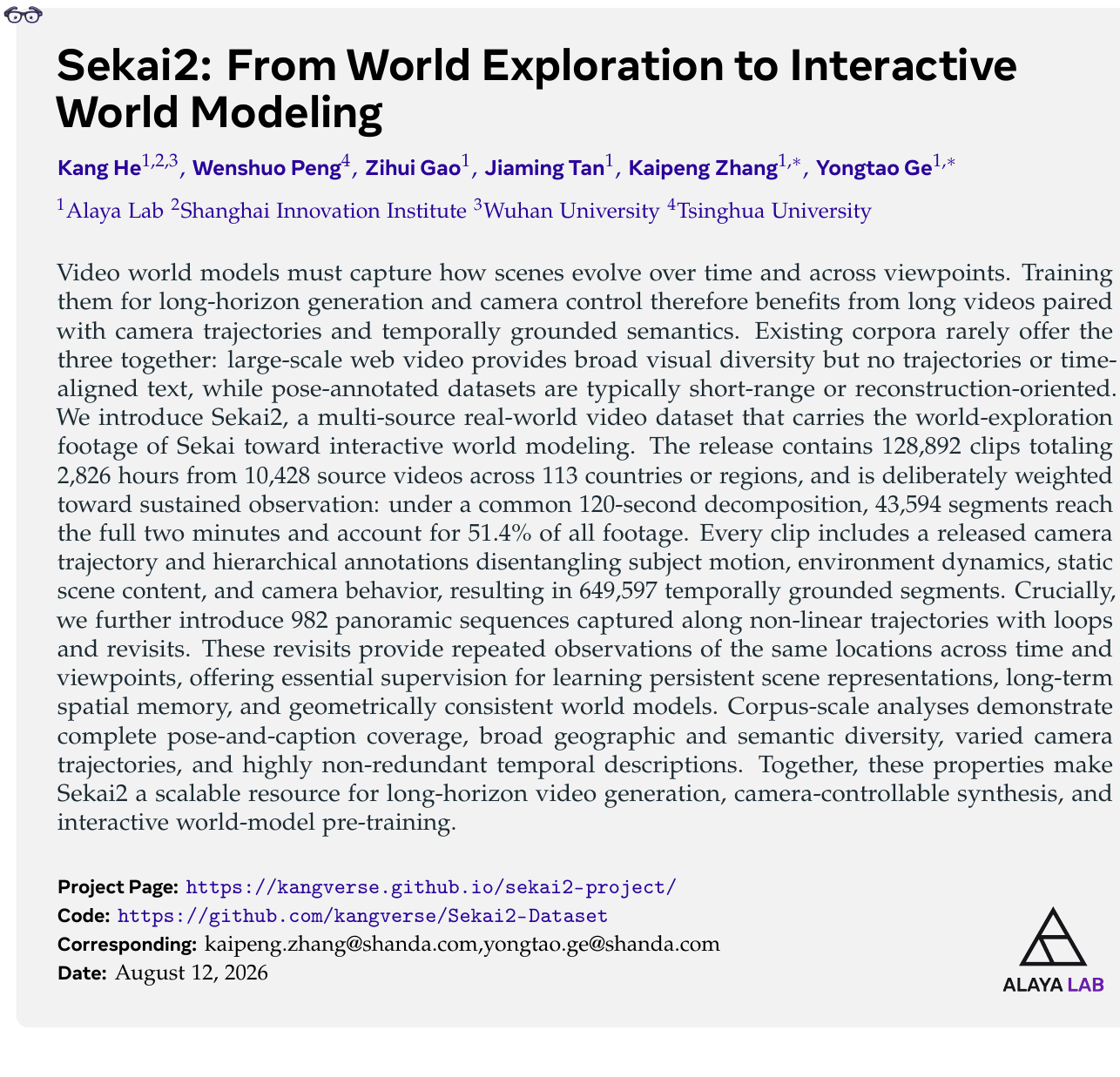 从被动视频生成到交互式世界模型：Sekai2开源2826小时带轨迹全景数据集 论文图示