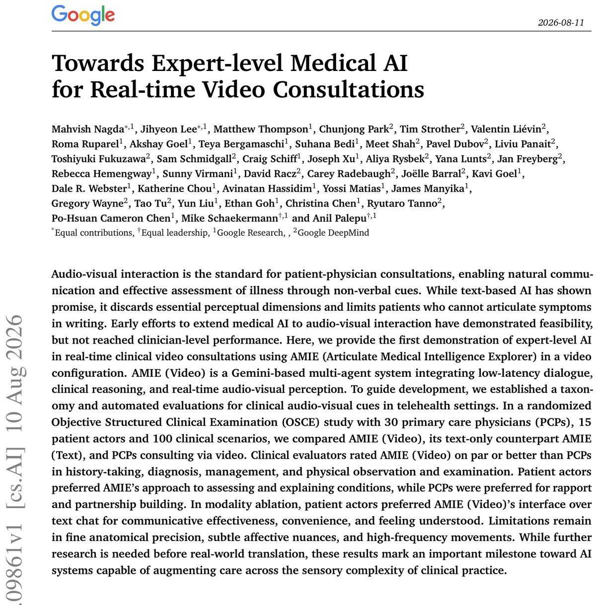 DeepMind推出AMIE视频版：临床问诊得分83%超越人类医生 论文图示