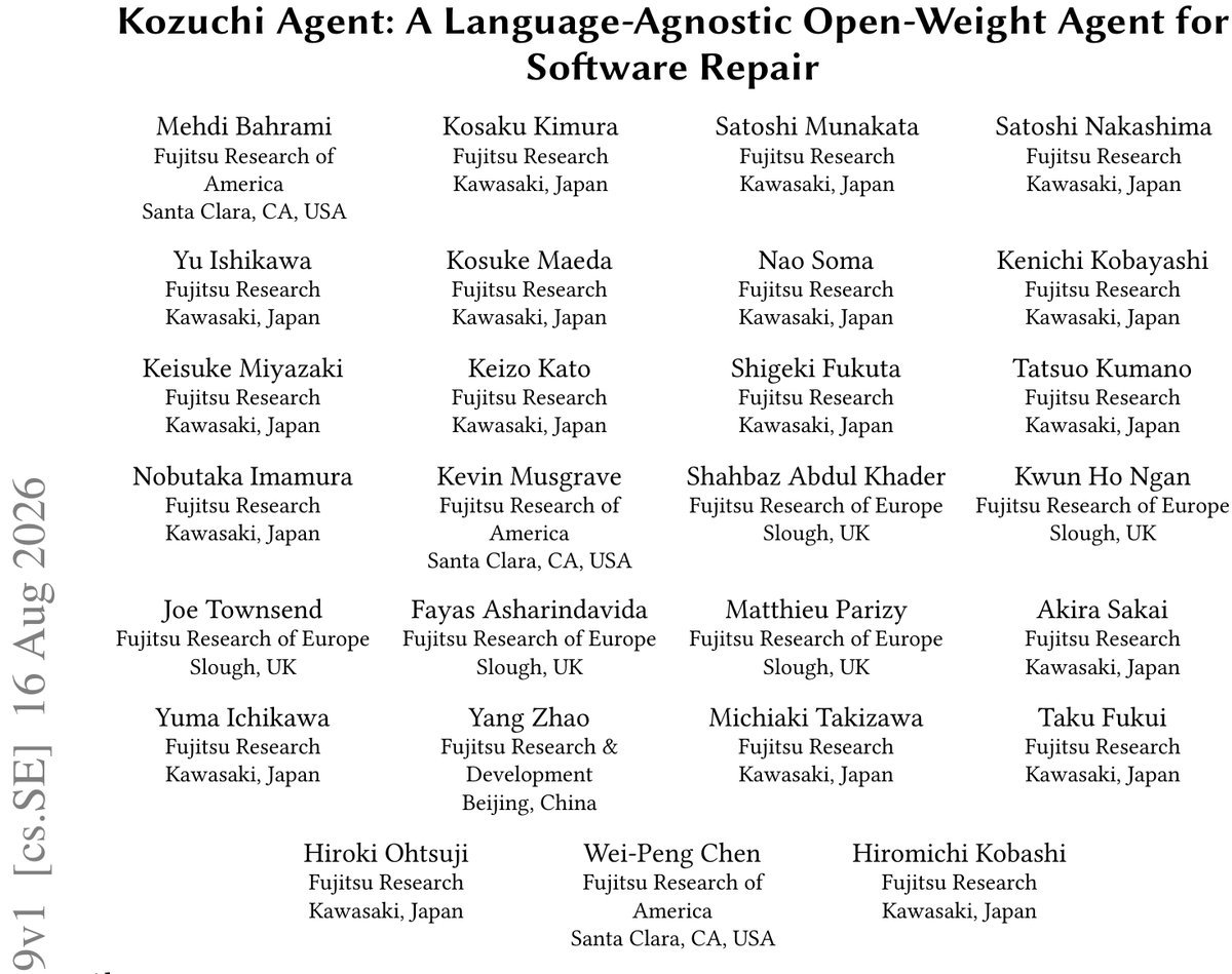 富士通提出Kozuchi Agent：用27B开源模型跨语言修Bug，SWE-bench达74.8% 论文图示
