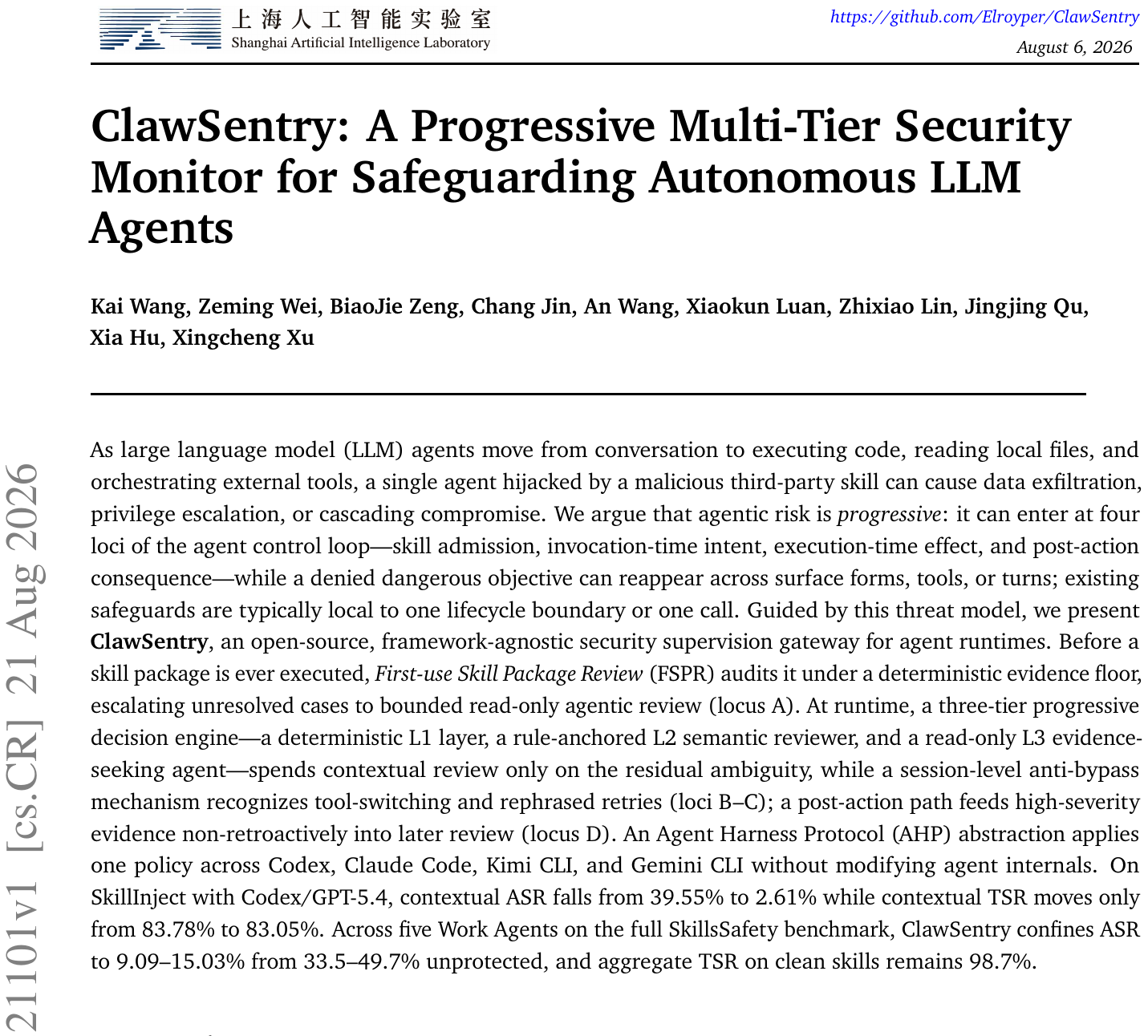 ClawSentry：四阶段渐进式防御，将Agent攻击成功率降至2.61% 论文图示