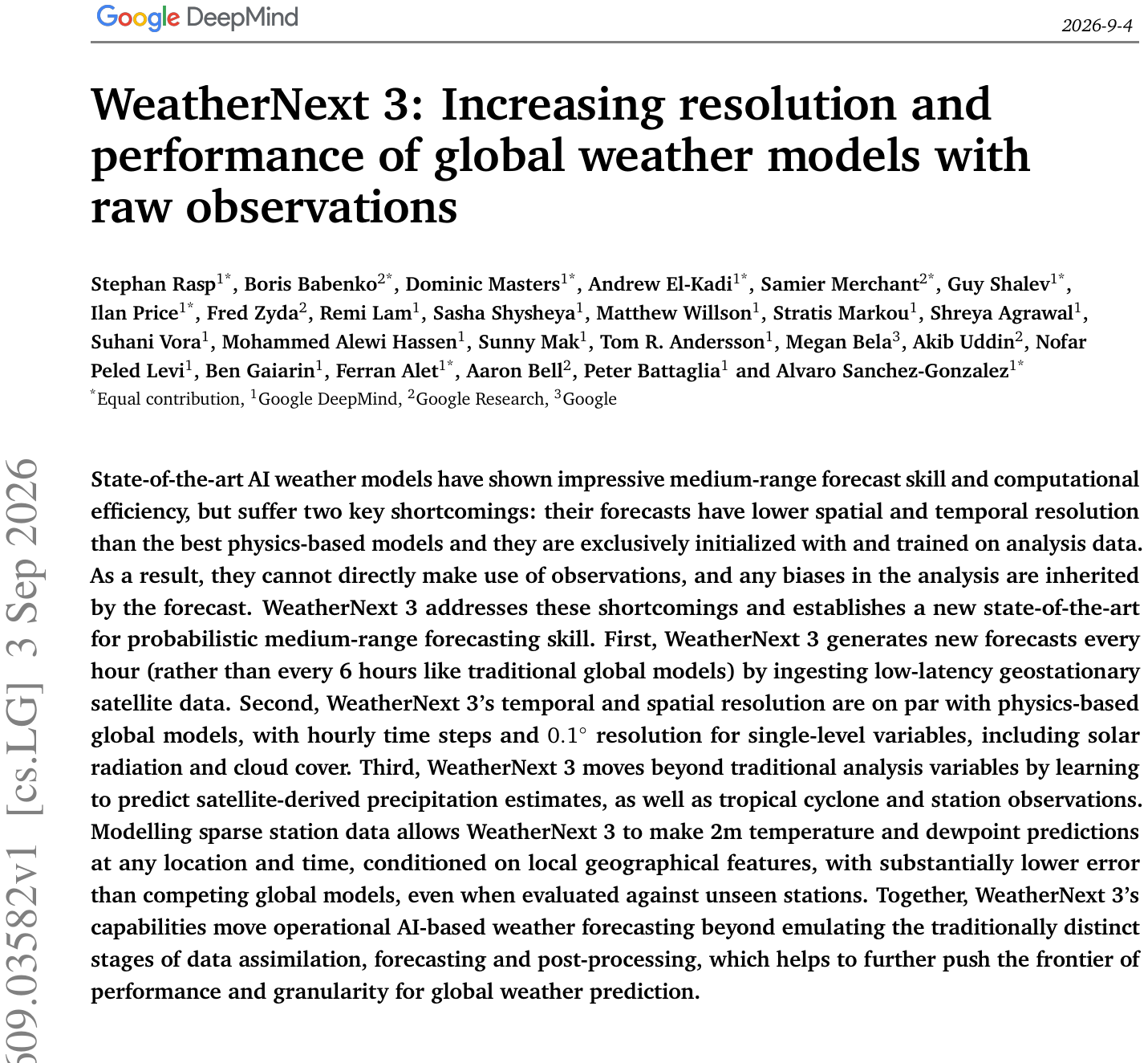 WeatherNext 3：告别分析场，DeepMind用原始观测实现逐小时0.1°预报 论文图示
